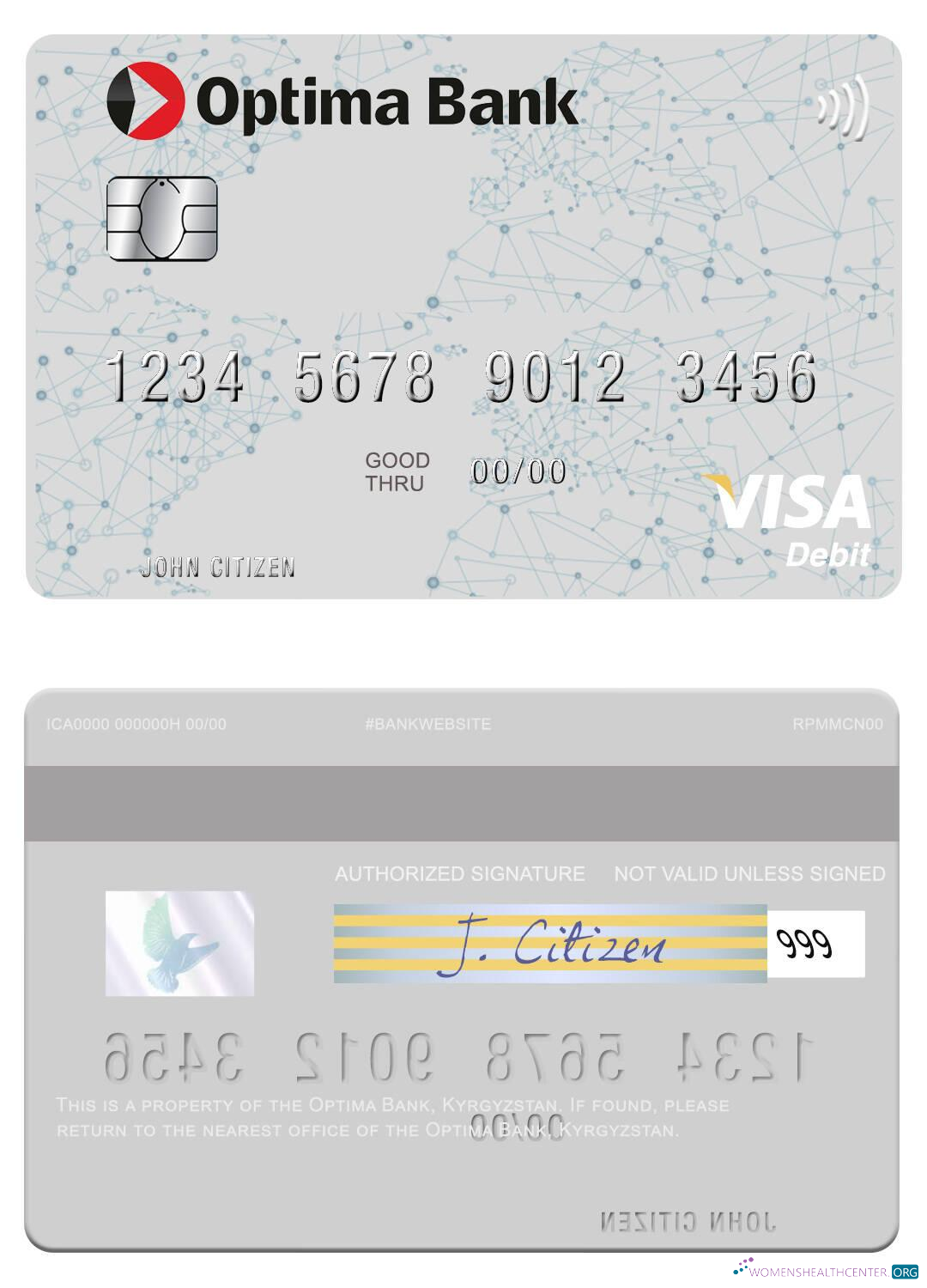 Download Kyrgyzstan Optima Bank visa debit card Photoshop template